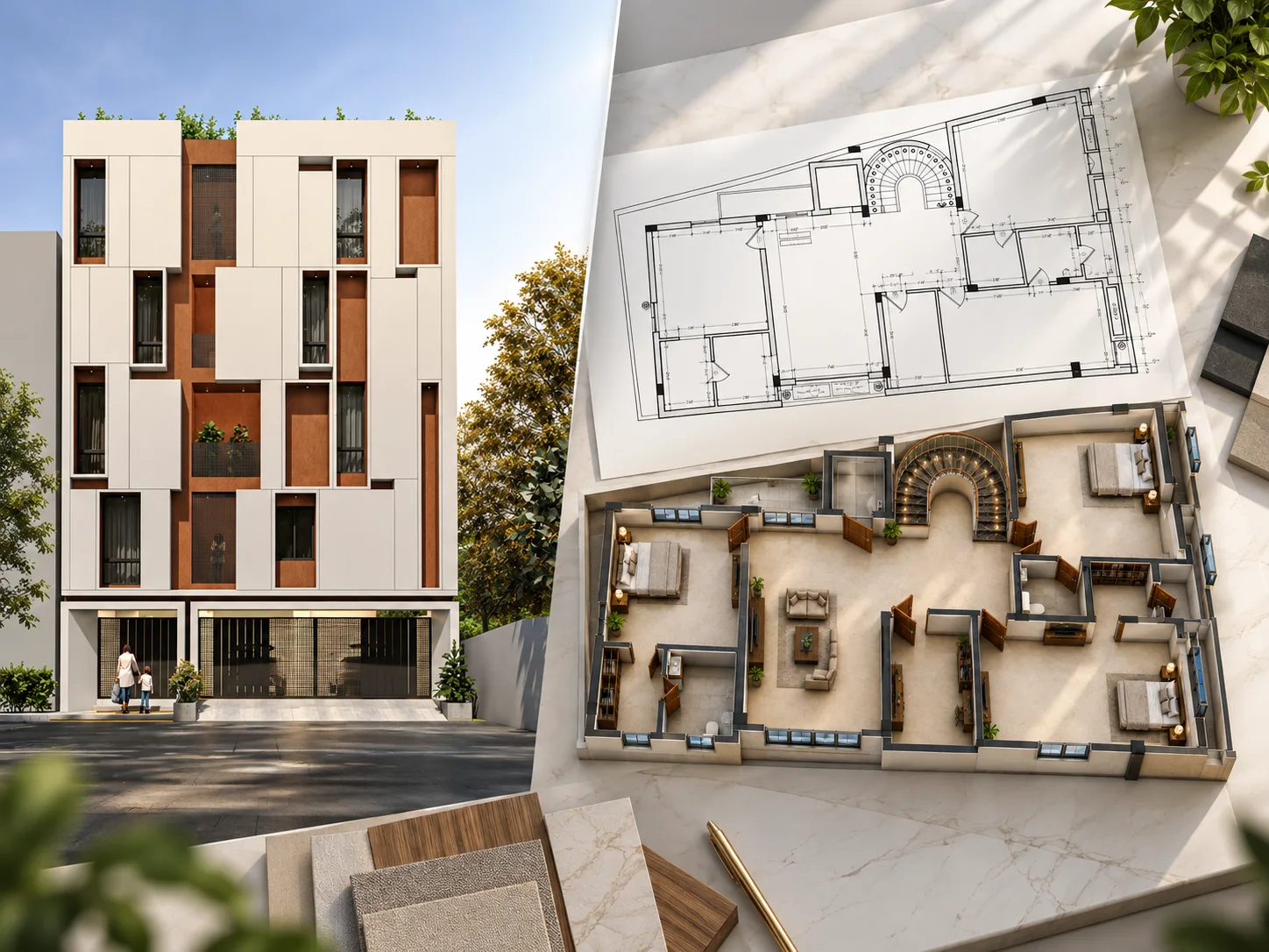 DICE architectural floor planning in Hyderabad showing building facade, 2D floor plan and 3D spatial planning