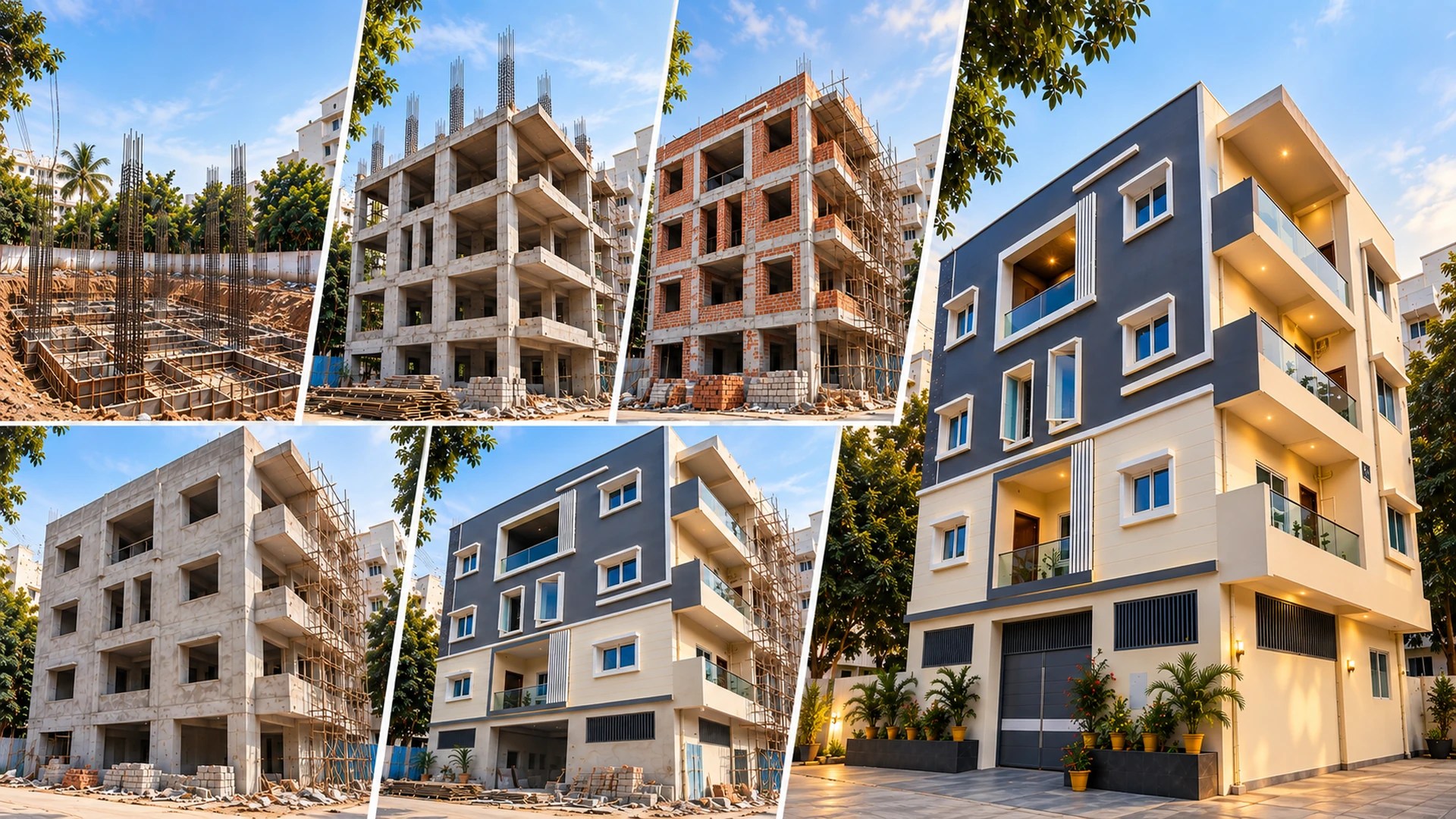 End-to-end residential construction process by DICE in Hyderabad, from foundation and RCC structure to brickwork, finishing and completed project