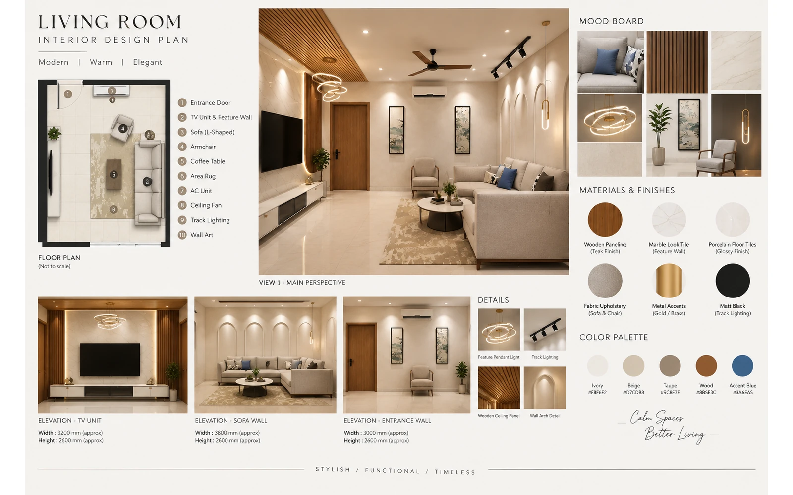 DICE interior design planning presentation showing floor plan, visualization, mood board, materials and finishes in Hyderabad