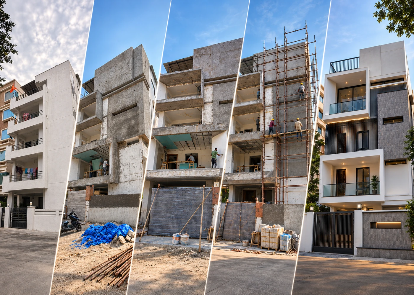 DICE facade renovation process showing existing condition, construction stages and completed transformation in Hyderabad